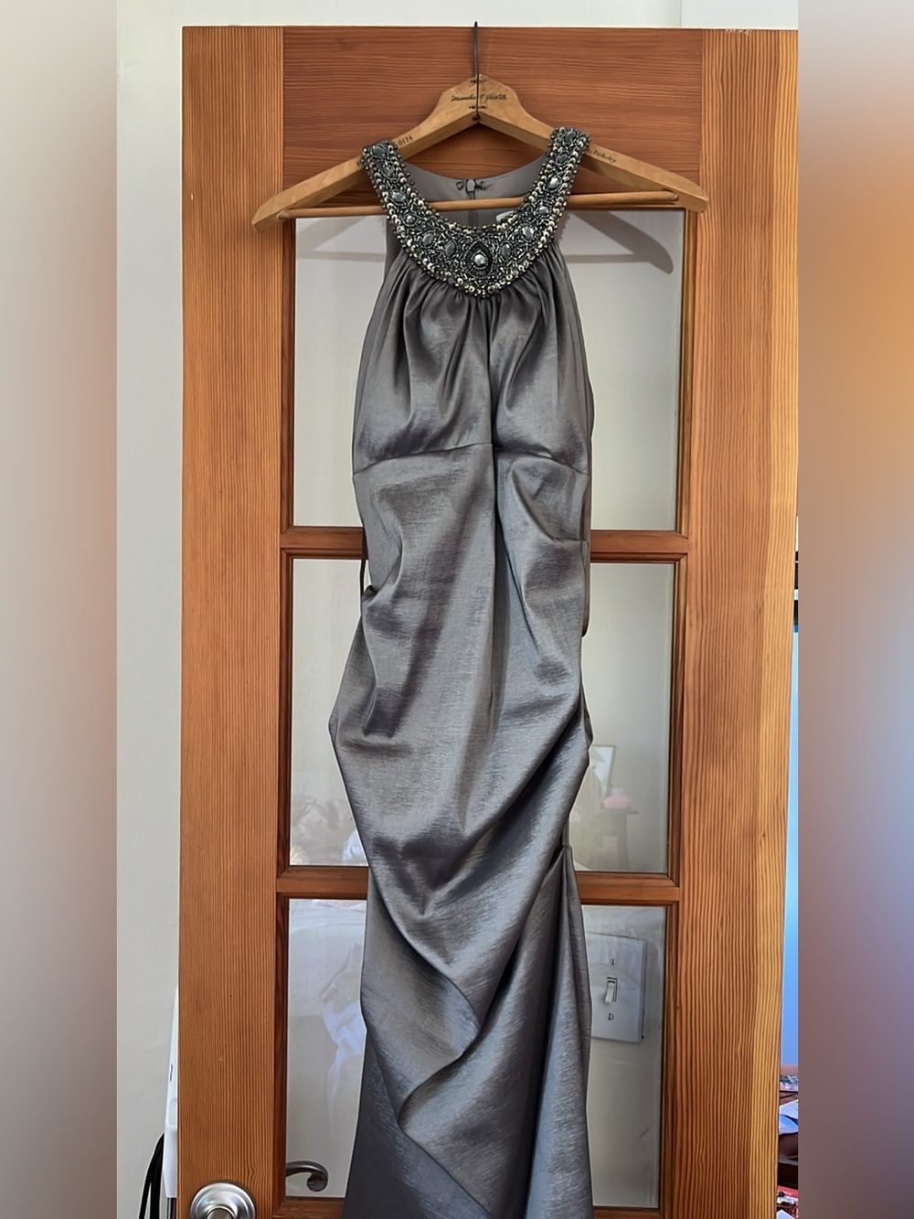Cache Silver Beaded Halter Prom Gown